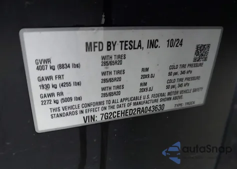 2024 Tesla Cybertruck All-Wheel Drive from USA, damaged, VIN 7G2CEHED2RA043630